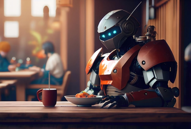 Wyśmienity Robot Humanoidalny Jako Klient Jedzący Jedzenie W Restauracji Technologia Biznesowa I Koncepcja Innowacji Generative Ai