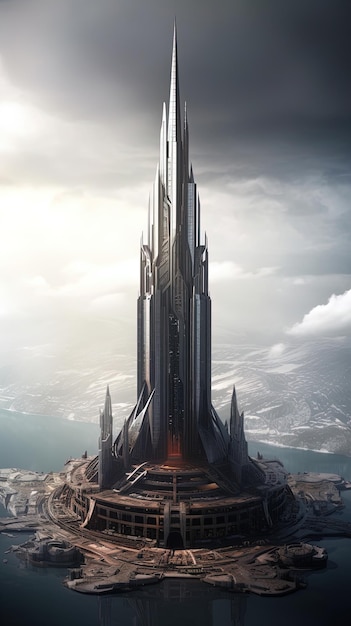Wysoka futurystyczna wieża pokryta błyszczącymi materiałami zbudowana na pustyni Generative AI