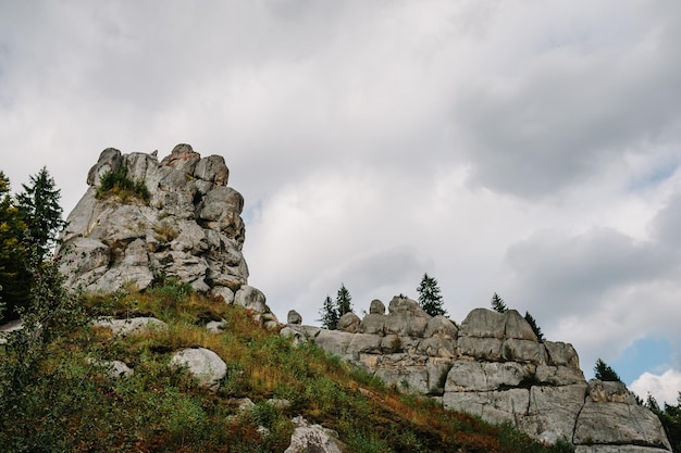 Wysoka góra Letni krajobraz Łąka z ogromnymi kamieniami wśród trawy na szczycie wzgórza w pobliżu szczytu pasma górskiego