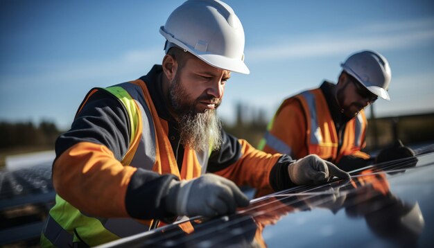 Wysoka jakość stock photography Dwóch inżynierów instalacji paneli słonecznych na dachu