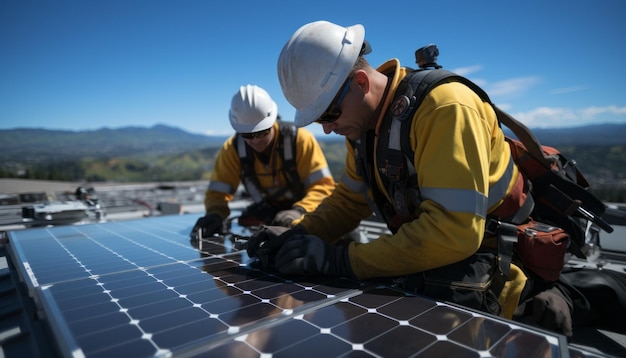Wysoka jakość stock photography Dwóch inżynierów instalacji paneli słonecznych na roofblue