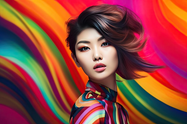 Wysoka koreańska modelka w kolorowych jasnych światłach pozująca w studiu portret pięknej seksownej kobiety z modnym makijażem Projekt artystyczny kolorowy makijaż Ai generatywny