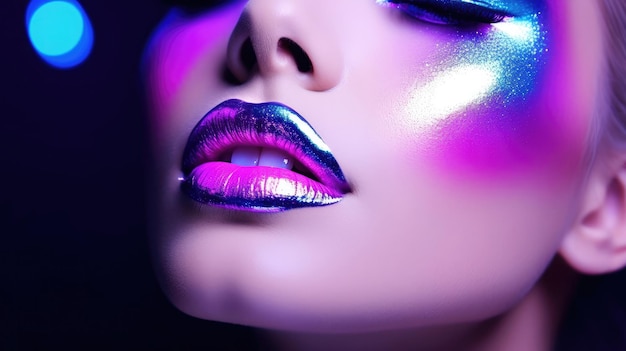Wysoka modelka metaliczne srebrne usta i twarz kobieta w kolorowych, jasnych neonach uv, niebieskich i fioletowych światłach pozowanie w studiu piękna dziewczyna świecący makijaż kolorowy makijaż Brokat Żywy makijaż neonowy
