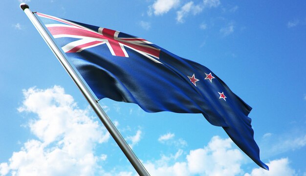 Wysoka Rozdzielczość Renderowania Ilustracji 3d Flagi Nowej Zelandii Na Tle Błękitnego Nieba