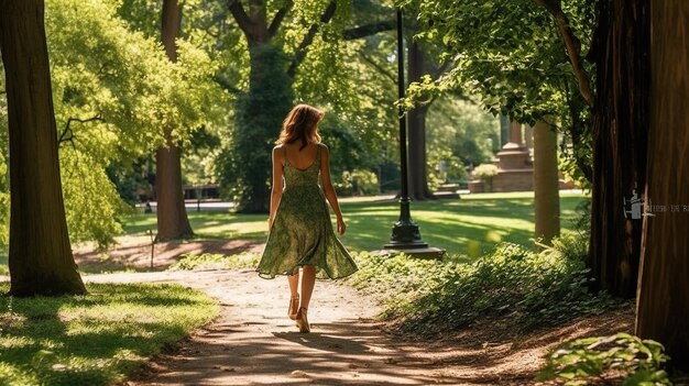 Wysoka, szczupła młoda kobieta idzie ścieżką do zielonego parku.