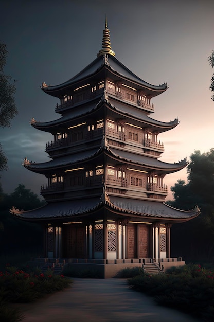 Wysoki budynek siedzi po środku leśnej chińskiej pagody