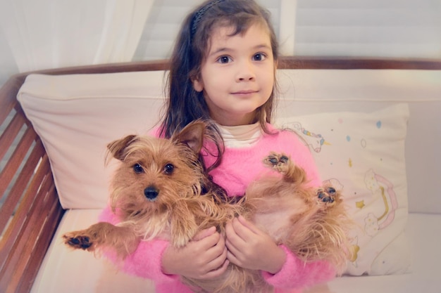 Zdjęcie wysoki kąt portretu uroczej dziewczyny niosącej psa, siedzącej w domu na kanapie