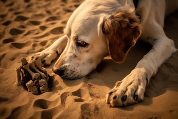 Wysoki kąt psa zakopującego kość w piasku