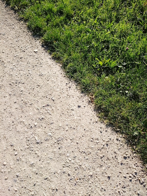 Wysoki kąt widoku brudnej drogi przez zieloną trawę