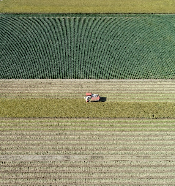 Wysoki kąt widoku ciągnika na polu