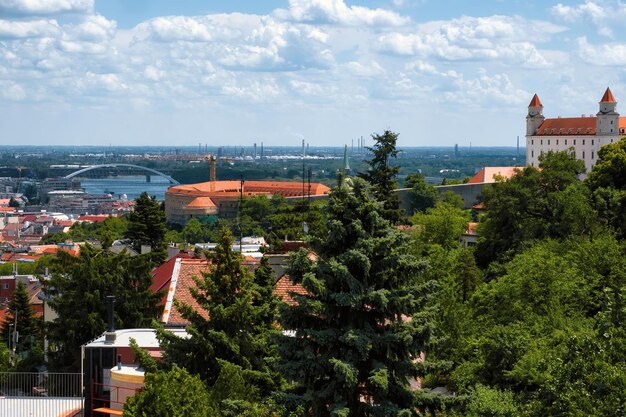 Zdjęcie wysoki kąt widoku drzew i budynków na tle nieba