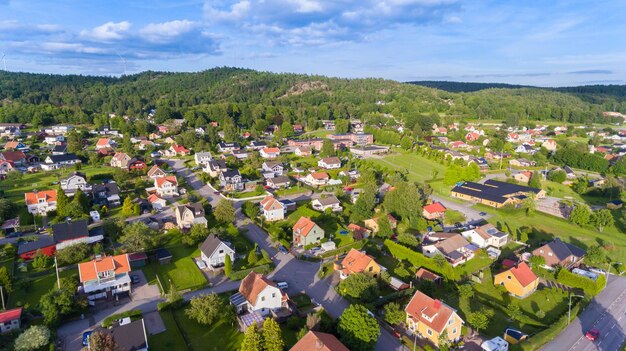 Wysoki kąt widoku drzew i domów na tle nieba