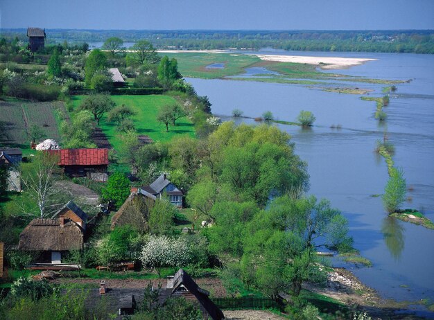 Zdjęcie wysoki kąt widoku drzewa pola w wiosce przy rzece