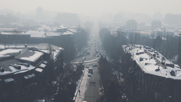 Zdjęcie wysoki kąt widoku krajobrazu miejskiego w zimie