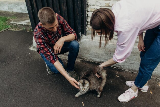 Zdjęcie wysoki kąt widoku pary bawiącej się z kotem