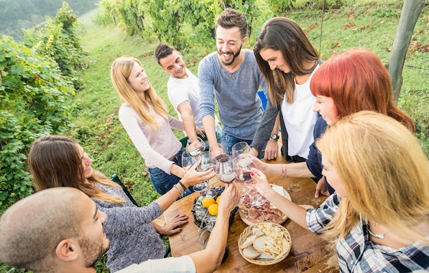 Zdjęcie wysoki kąt widoku przyjaciół podnoszących toast stojąc w winnicy