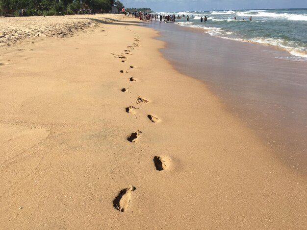 Zdjęcie wysoki kąt widoku śladów stóp na plaży