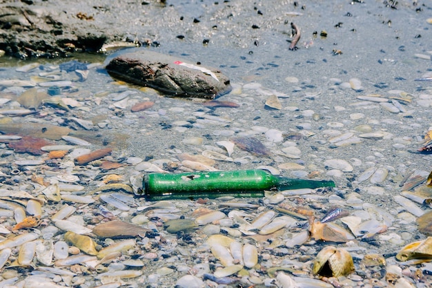 Wysoki kąt widoku śmieci na plaży