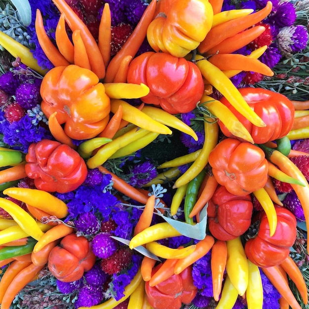 Zdjęcie wysoki kąt widoku świeżych papryki chili i kwiatów