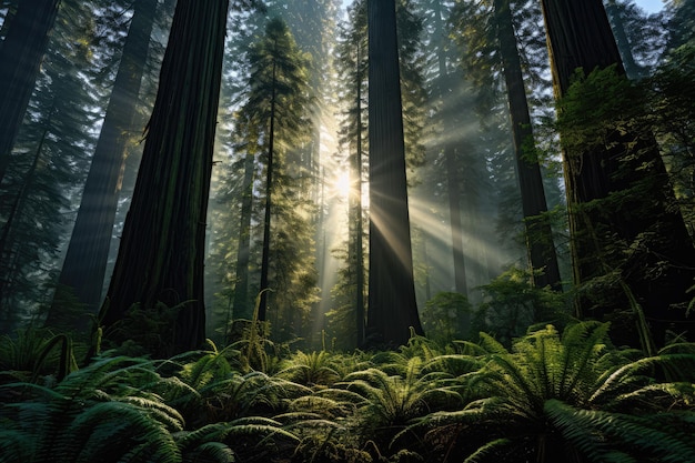Wysoki las sekwoi, gdzie światło słoneczne filtra przez baldachim ai generowane