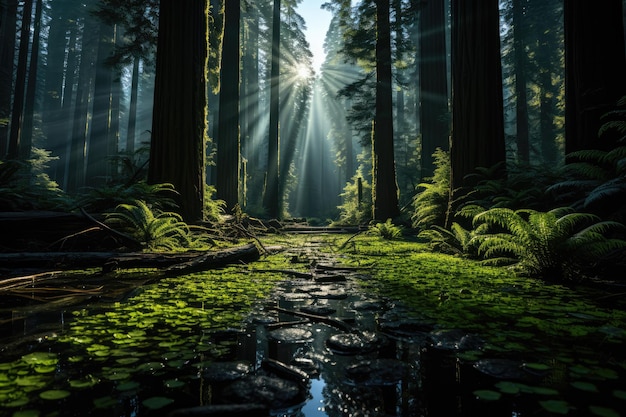 Wysoki las sekwoi, gdzie światło słoneczne filtra przez baldachim ai generowane