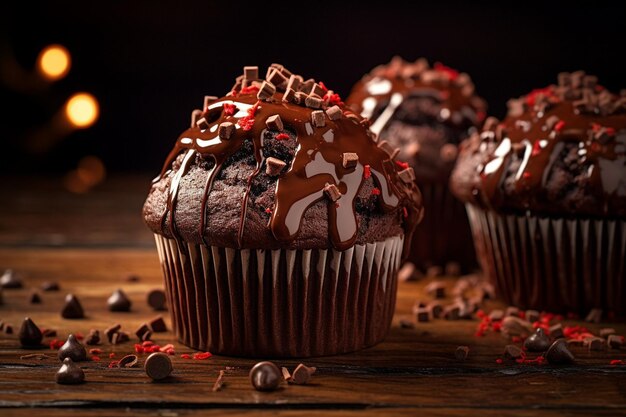 Wysoki widok smaczny cupcake i kawałki czekolady