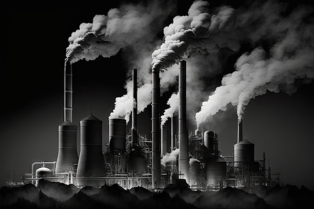 Wysokie dymiące kominy fabryki na czarnym tle przemysłowych nowoczesnych