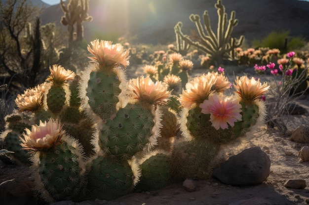Wysokie kaktusy kwitną w suchej pustyni.