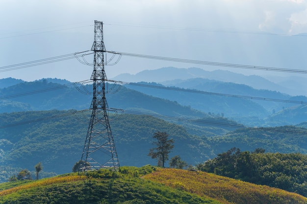 Wysokie napięcie linii energetycznych na górze