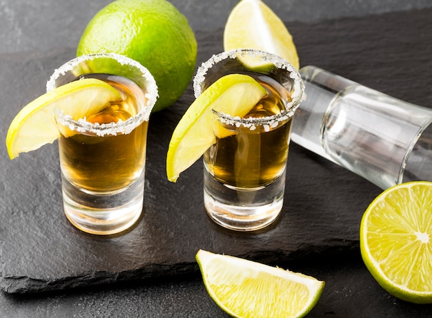 Wysokie, złote shoty tequili i limonka z solą