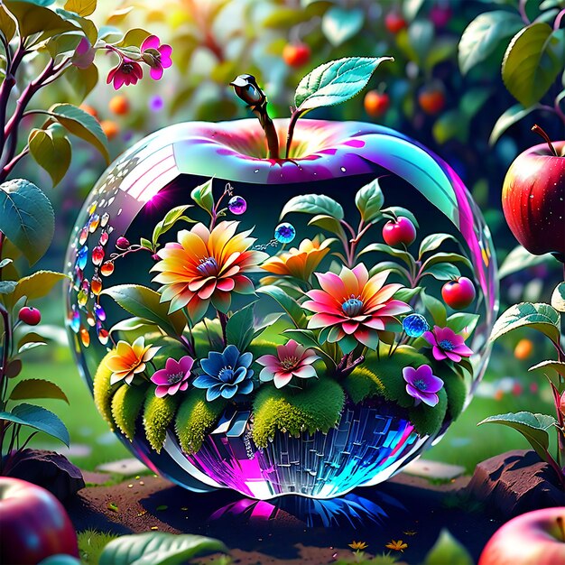 Zdjęcie wysokiej jakości 8k ultra hd ogród z kolorowymi kwiatami i roślinami rosnącymi wewnątrz jabłka