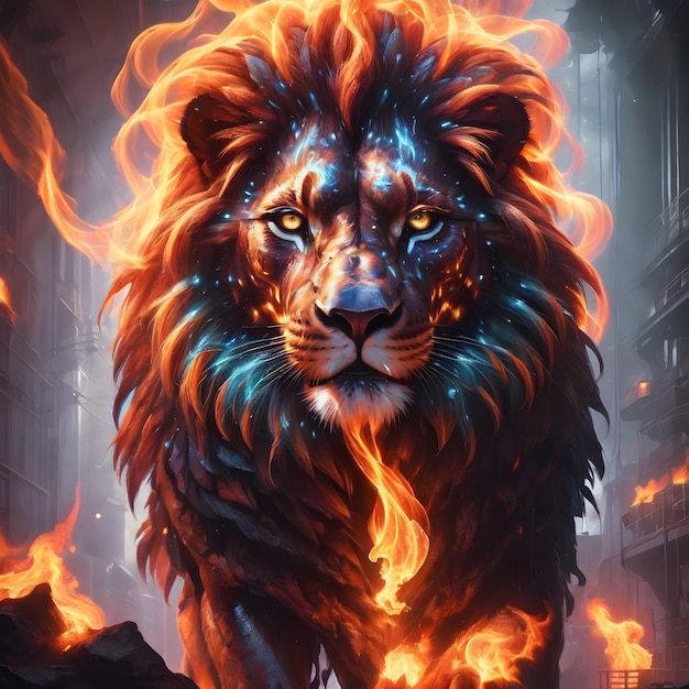 Wysokiej jakości cyfrowa ilustracja majestatycznego lwa pochłoniętego żyjącym i płonącym ogniem.