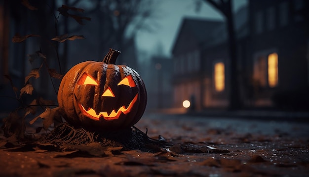 Wysokiej jakości obraz Halloween jackolantern na środku ulicy dotkniętej upadkiem