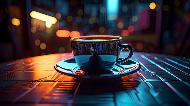Wysokiej jakości renderowanie filiżanki kawy na neonowym tle Obraz generowany przez sztuczną inteligencję
