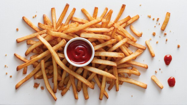 Wysokiej jakości zdjęcie chrupiących frytek z jednym czerwonym ketchupem na białym tle