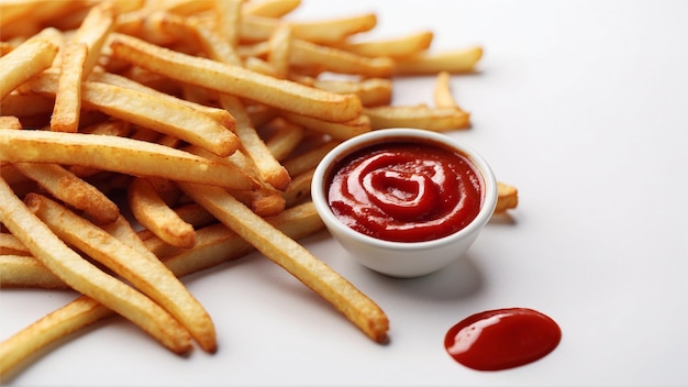 Zdjęcie wysokiej jakości zdjęcie chrupiących frytek z jednym czerwonym ketchupem na białym tle