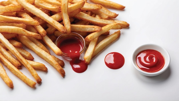Zdjęcie wysokiej jakości zdjęcie chrupiących frytek z jednym czerwonym ketchupem na czystym tle