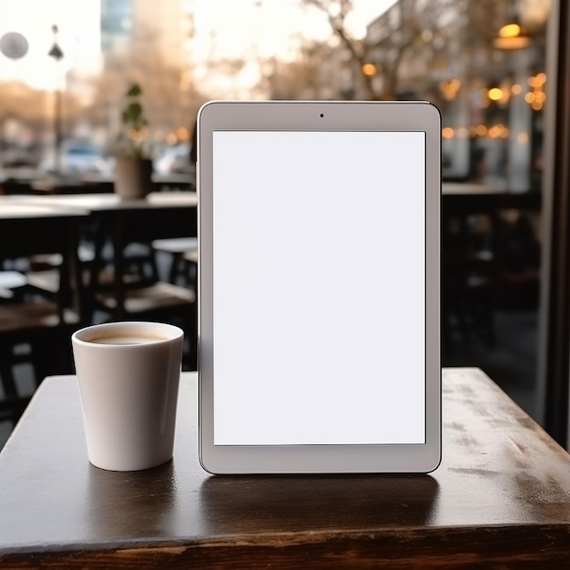 Wysokiej jakości zdjęcie dużego tabletu z pustym ekranem na stole, idealne do stworzenia podglądu makiety