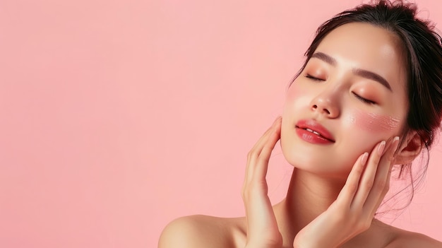 Wysokiej jakości zdjęcie przycięte koncepcji pielęgnacji skóry i kosmetyków z miejscem na tekst Kobieta z piękną twarzą dotykającą portretu zdrowej skóry twarzy Piękna szczęśliwa azjatycka modelka z naturalnym