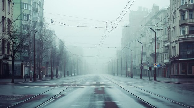 Wysokiej jakości zdjęcie pustej ulicy w gęstej mgle Atmosfera niebezpieczeństwa samotności i mistyzmu