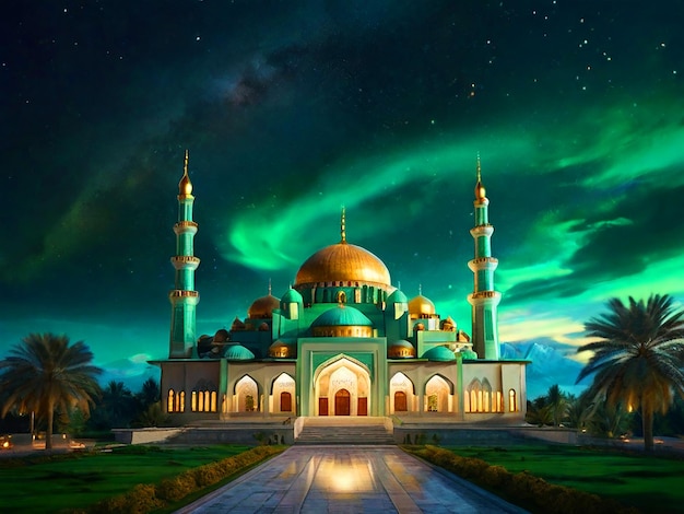 Wysokiej jakości zdjęcie zielonej sceny nocnej w meczecie