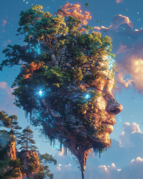 Wysokiej rozdzielczości przedstawienie surrealizmu, w którym ludzka twarz łączy się z żywym krajobrazem leśnym
