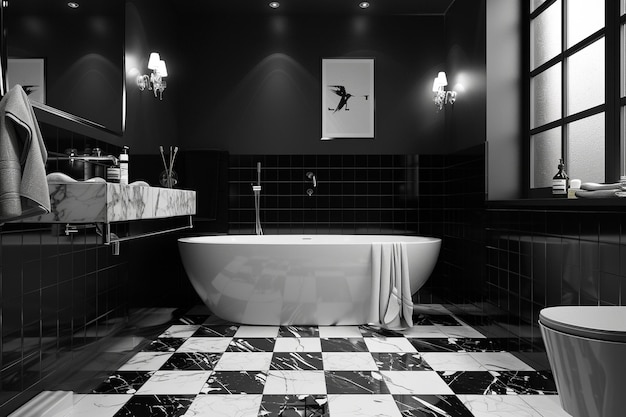 Wysoko kontrastowy czarno-biały projekt łazienki oktan