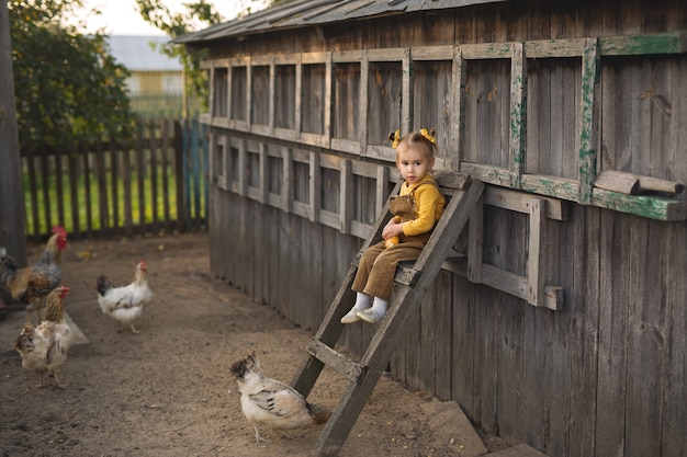 Zdjęcie wysoko na schodach siedzi dziecko w kombinezonie i karmi kurczaki kukurydzą. zabawna dziewczyna na farmie opiekuje się zwierzętami. kogut z kurami we wsi.