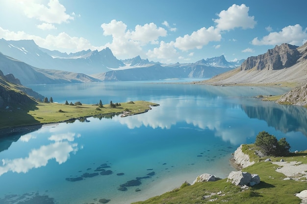 Wysoko położone niebieskie jezioro w idyllicznym, niezakłóconym środowisku z czystą i przezroczystą wodą