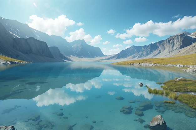 Wysoko położone niebieskie jezioro w idyllicznym, niezakłóconym środowisku z czystą i przezroczystą wodą