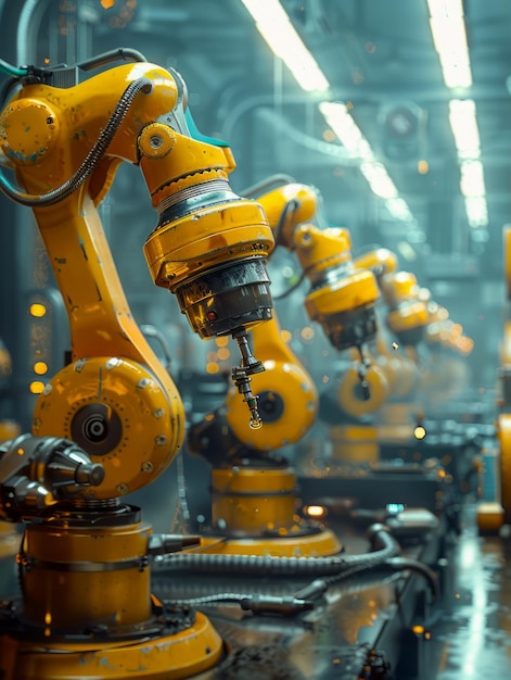 Wysoko precyzyjne automatyczne ramiona robotowe w działaniu na linii montażowej w nowoczesnej fabryce produkcyjnej