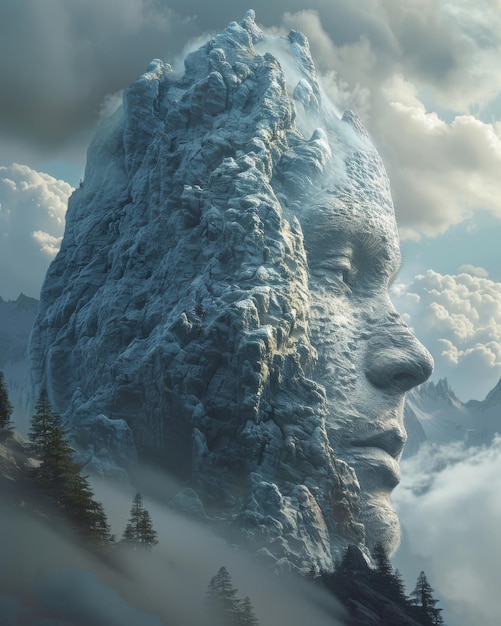 Wysoko rozdzielczy obraz artystyczny łączący ludzką twarz z nierównym szczytem góry