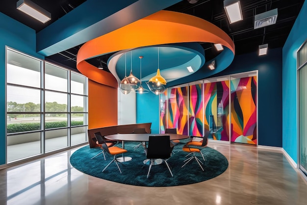 Wysokoenergetyczny pokój biurowy z żywymi kolorami i odważnymi wzorami Generacyjna sztuczna inteligencja
