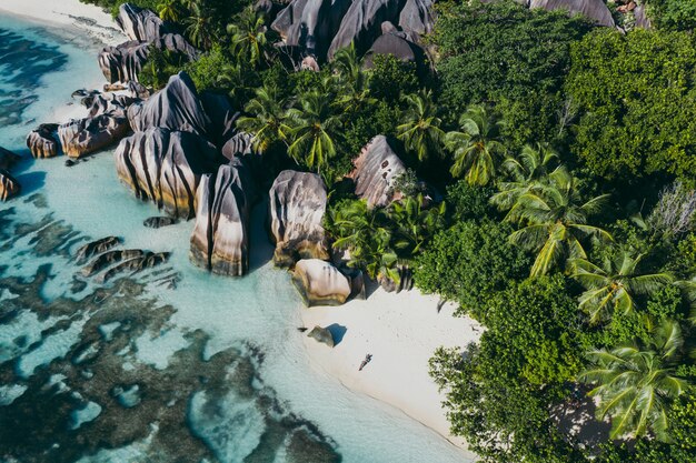 Wyspa „la Digue” Na Seszelach. Srebrna Plaża Z Granitowym Kamieniem I Dżunglą. Mężczyzna Cieszy Się Wakacje I Relaksuje Na Plaży. Widok Z Lotu Ptaka